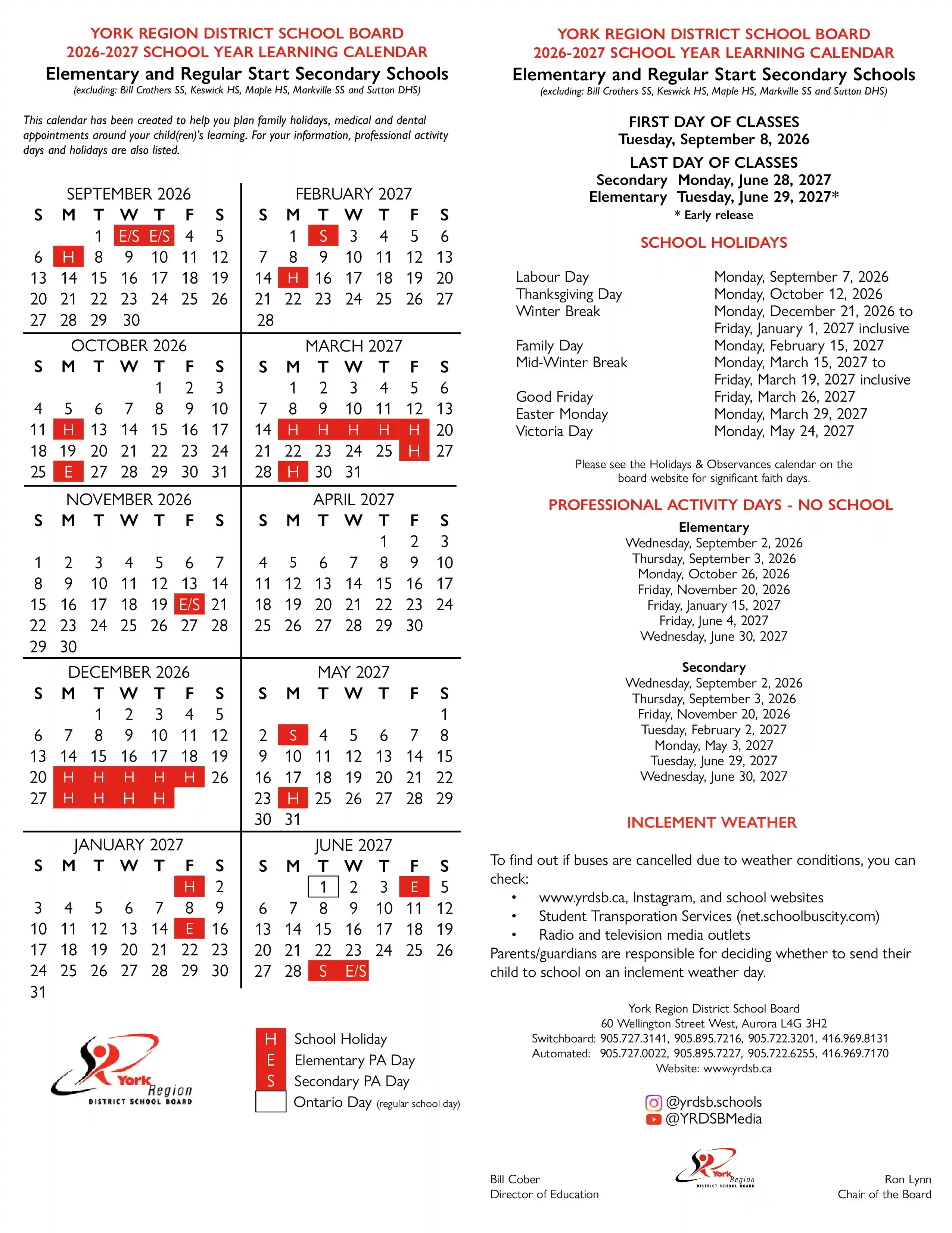 Calendar for 2026/2027 school year